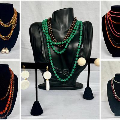Orange & Pink Coral necklaces, faux Amber Beaded Necklace, Clip On Earrings + More! 