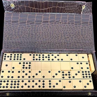 Vintage Bakelite Double-Six Domino Set in Faux Crocodile Case