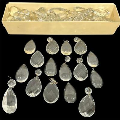 Box Lot of Vintage Teardrop Chandelier Crystals Faceted Glass Prisms w/Octagonal Connectors