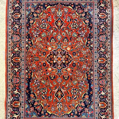 Hand-Knotted Persian Wool Rug – Rich Red & Navy Floral Medallion Design 