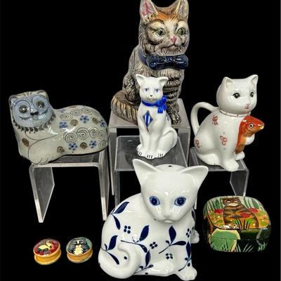 Cat Collectibles & Decor Lot — Books, Figurines, Tonala Pottery &Hand-Painted Boxes