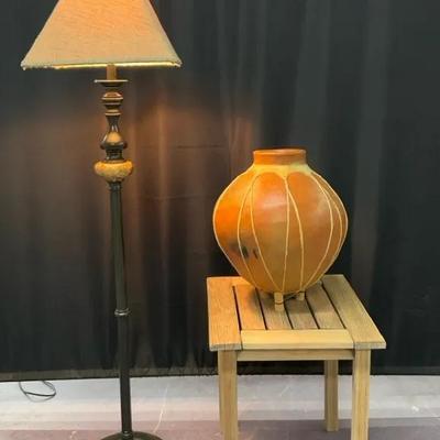 Tarahumara Pottery, Slatted Side Table, & Antique Style Floor Lamp 