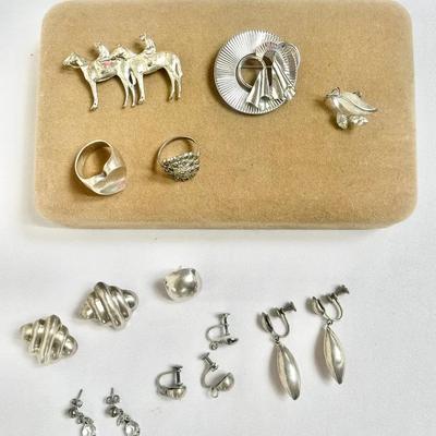 Vintage Sterling Silver Rings, Pins And Earrings 