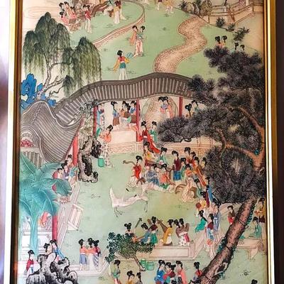 Vintage Chinese, scroll painting Idyllic Garden Gathering