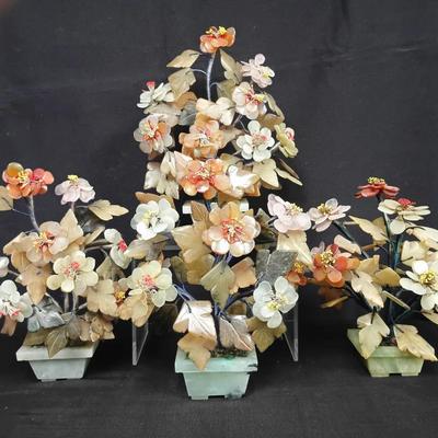 Chinese Hand-Carved Hardstone Flowering Bonsai Trees – Jade, Agate & Quartz Blossoms