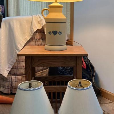 Mission-Style End Table with Magazine Rack and 3 Stoneware Crock Table Lamps