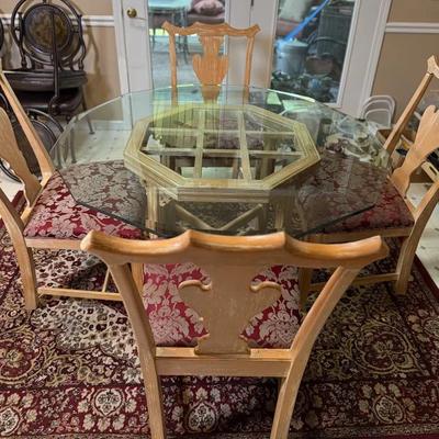 48” Round (Hendecagon) (11 Sides) Glass Table With Distressed Wood Stand And 4 Matching Chairs
