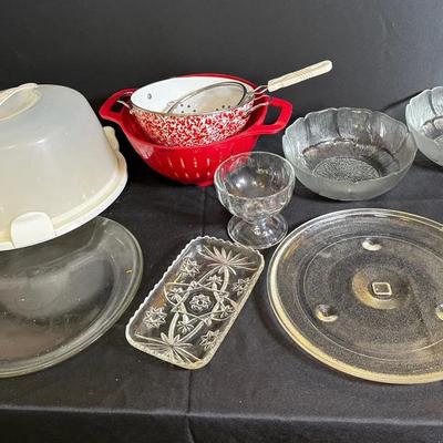 Mystery Lot Of All things Kitchen, Including Strainers, Cake Holder, Glass Serving Bowls, And More!