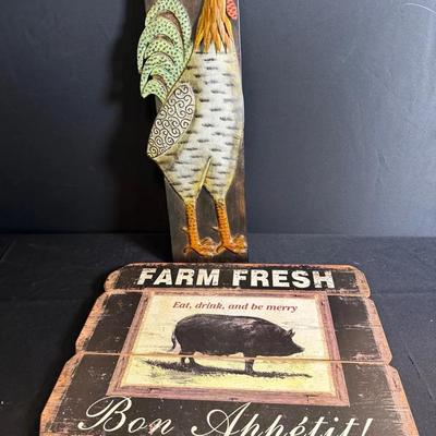 Large Wooden Pig Art & Chicken Art