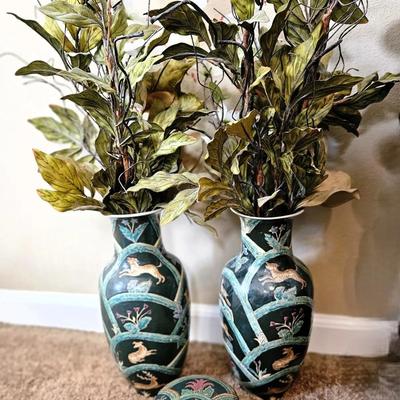 Chinese Tree Of Life Hand-Painted Porcelain Vases & Box