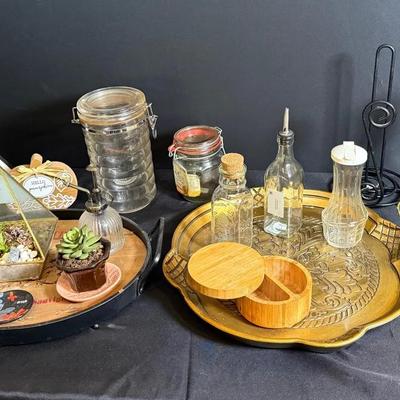 Miscellaneous Lot Of Trays, Small Plants, Oil & Dressing Jars, Picture Stand And More!