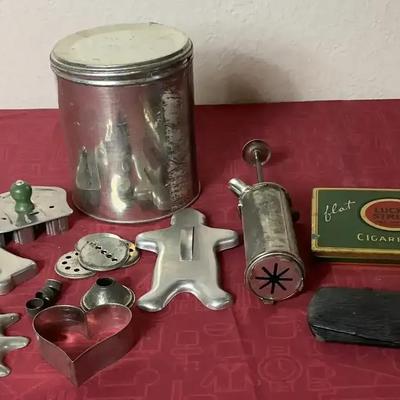 Vintage Cookie Decoration Kit, Cigarette Tin And Pair Of Glasses