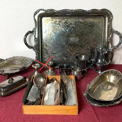 Silver Plated Tray, Flatware, Butter Dish, Cups, And More (One Sterling Silver Cup).