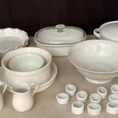 Crate & Barrel Porcelain White Crock With Other White Serving Dishes