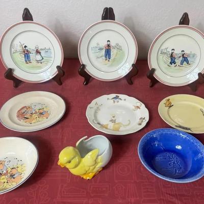 Vintage Walt Disney Patriot China Dishes (2), And Other Antique Hand Painted Plates 