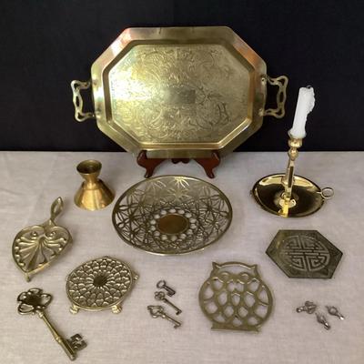 Beautiful Brass Assortment (A Tray, Candle Stick, Trivets, Keys And More) 
