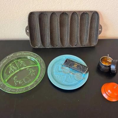 Antique Assortment (Cast Iron Wagner Ware Corn Cob Pan, Glasses, Plates And More)
