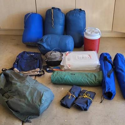 Camping - (4) Sleeping Bags, (2) Folding Chairs, Backpack, Water Carriers, Rain Gear, Etc