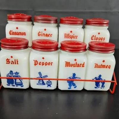 Vintage Hazel Atlas White Milk Glass Dutch 8 Spice Set with Rack 