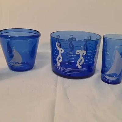 Vintage Hazel Cobalt Blue Sailor Ice Bucket - Sailboat Vase and 3 Drinking Glasses 