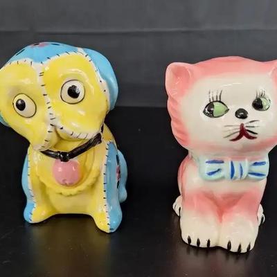 2 Vintage Planters - Trimont Ware Dog Planter - Enesco Pink Kitten with Bow 1950's 