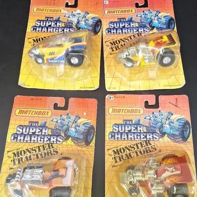 4 Matchbox The Super Chargers Monster Tractors - Hot Stuff -Showtime - Checkmate - 12 Pack