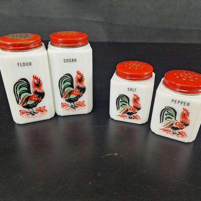 Tipp City 1930"s Milk Glass Rooster - Salt - Pepper - Flour Sugar 