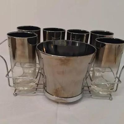 Vintage MCM Vitreon Queen's Lusterware Bar Set - Ice Bucket - Glasses - Stand 