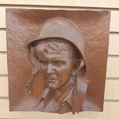 Vintage Hand Relief Sculpture Wood Soldier Image by N. Hultgrem