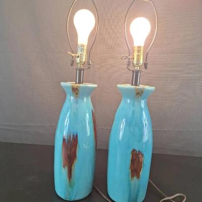 2 MCM Teal Glaze with Brown Drip Accents Lamps - 22.5 In Tall - Working 