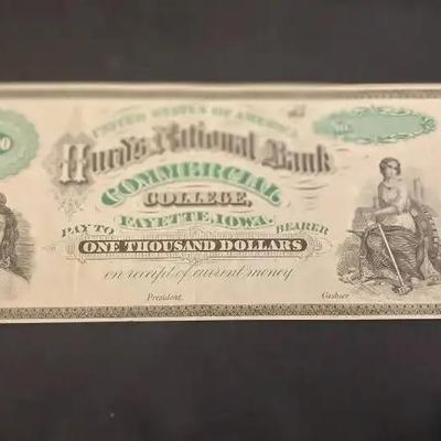 Rare $1000 Hurd's National Bank Commercial College Fayette, Iowa Paper Bill


 
