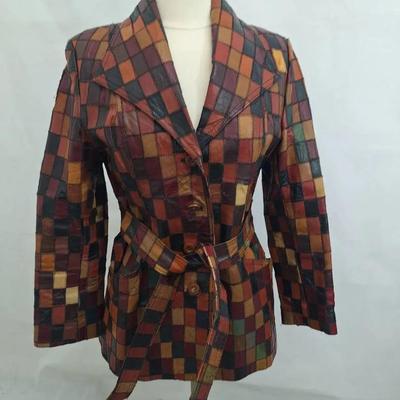 Unique Patchwork Leather Jacket Button Down with Tie - Size Small 
