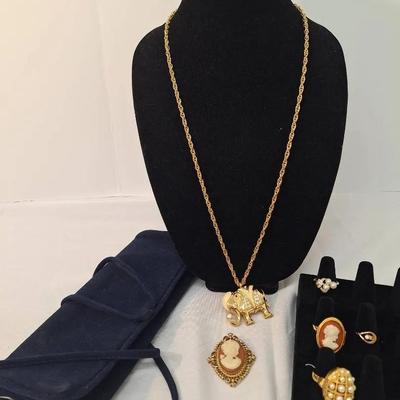 Avon Lot Kenneth Jay Lanes' Royal Elephant Necklace - Rings and Cameo Pin - Avon Travel Kit 