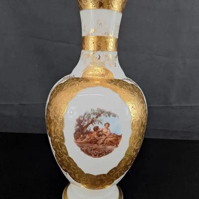 Vintage Victorian Opal Art Glass with Gold Gilded Trim & Flowers Vase - Hand Painted