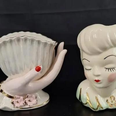 1960's Vintage Lady Head Vase with Gold Accents - Lady's Hand with Iridescent Shell Gold Accents 