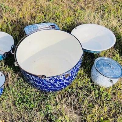 Group of Blue Graniteware Enamelware Cooking Pots 