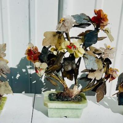 Antique 13" Tall Asian Hardstone Floral and a Pair of 8 1/2" Tall Asian Hardstone Floral Arrangements