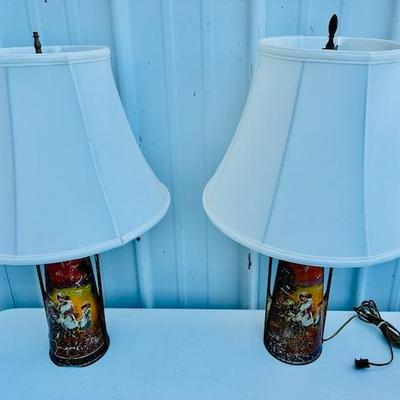 Pair of Victorian French? Tin Lithograph Colorful Canister Lamps Complete with fabric shades.