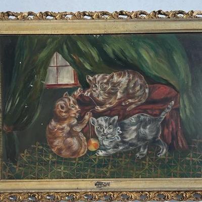 Primitive Folksy Folk Art Oil on Board of Kittens With Ball of Yarn.

