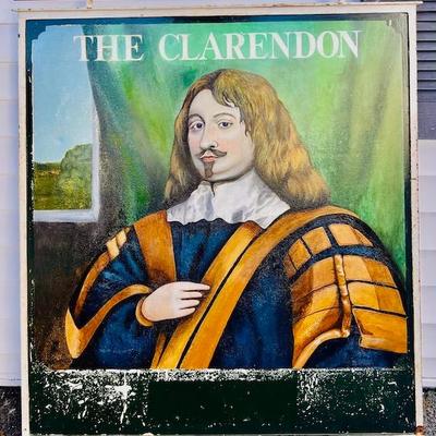 Early Sheet Metal Hand Painted Tavern Sign "The Clarendon"  Two sided hand painted of English gentleman 1920s era 