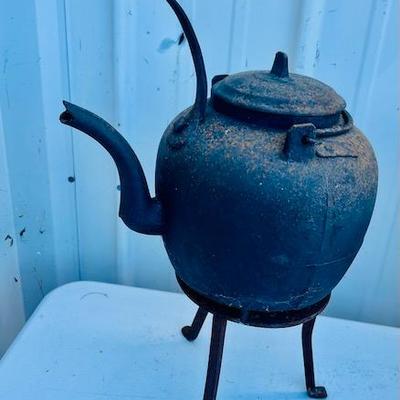 19th Century Cast Iron Kettle With Stand and Curved Pouring Handle