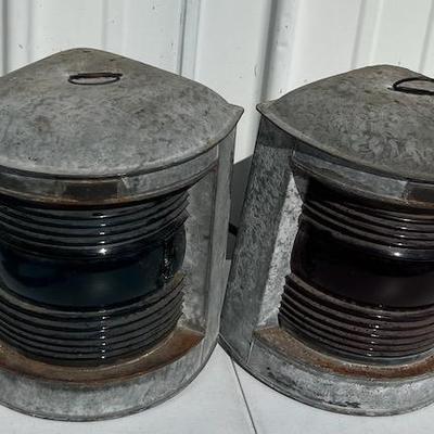 Pair of Perko Ship's Running Lights Port and Starboard.  Red and green lenses.  11 1/2" tall.  Galvanized.  