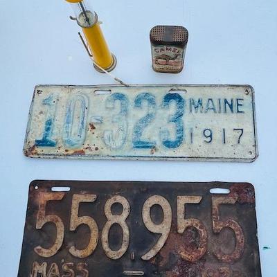 Two Early Auto License Plates  Massachusetts and Maine, Shell toy gas pump and Camel tube patching kit.