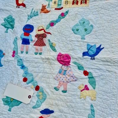 Two Children Quilts Applique Sun Bonnet Children and Geometric Pink and White Flying Geese. 