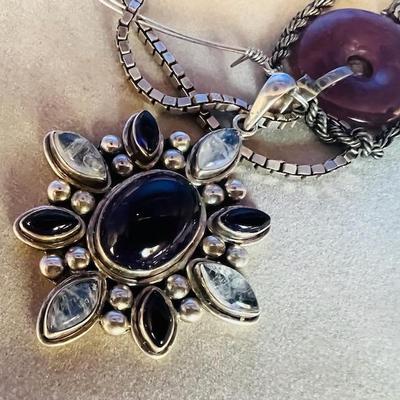 Two Vintage Sterling Necklaces Amethyst Ring and Clover Leaf and Amethyst Stones