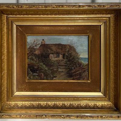 Oil on Board of Cottage With Figures.  Mint gilt frame
