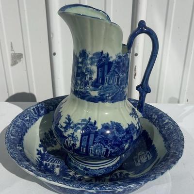Reproduction Ironstone Flow Blue Pitcher and Bowl Ensemble  