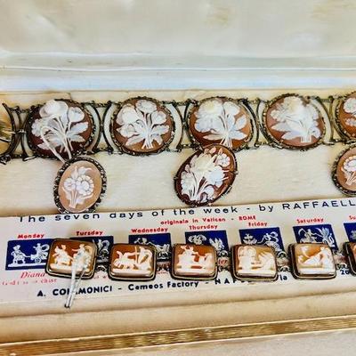 Vintage Silver Cameo Set  Matching floral pierced earrings, brooch, and bracelet along with Sevens Days of the Week bracelet.
