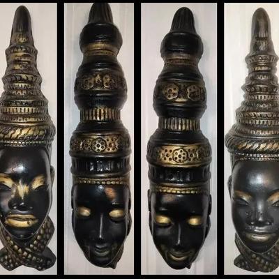 Vintage Chalkware Plaques – Man & Woman Head Wall Décor w/ Gold Tone Headdress