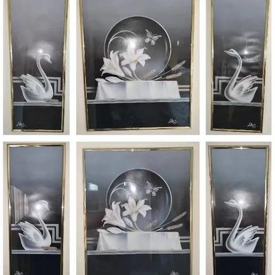 Vintage A. Metz Art Deco Swan Prints in Gold Tone Frames